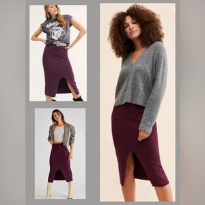 Free People Skyline Midi Pencil Skirt Front Slit Ribbed Knit Moody Plum LARGE